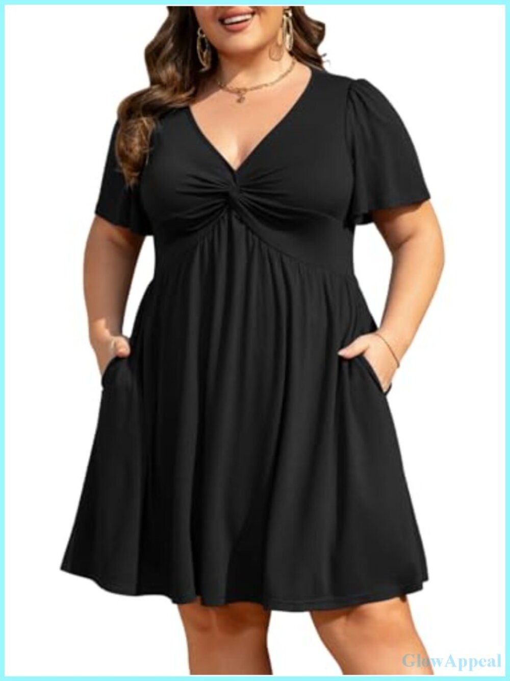 Plus Size Summer Midi Dress V-Neck Twist Knot Flutter Sleeve Pockets Casual